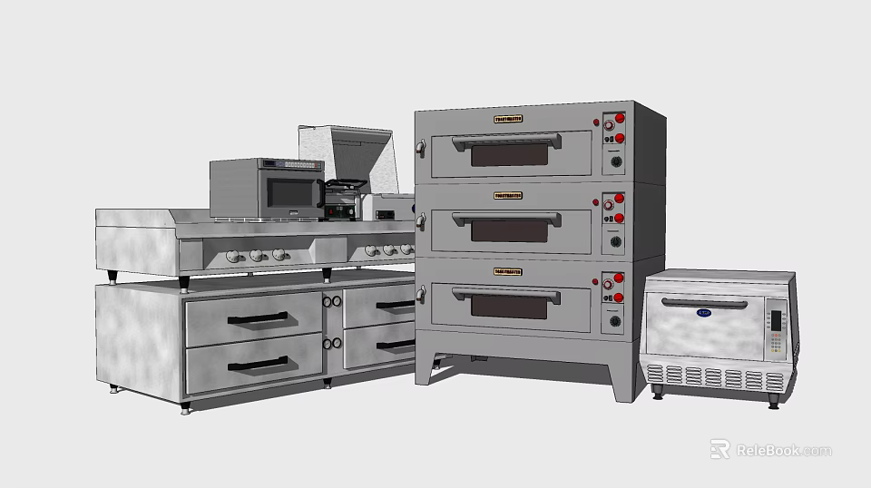 Stainless Steel Kitchen Appliances With Multi Layer Oven Microwave And Cabinets 3d model 