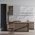 Modern Kitchen Interior Design With Wooden Cabinets Marble Tile Backsplash Island Counter And Appliances
