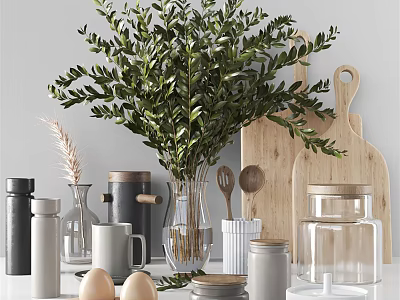 Stylish Kitchen Utensils With Green Plant Wooden Cutting Board Containers And Eggs 3d model