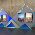 Diamond Shaped Display Shelves With LOGO And Cityscape Pictures On Wooden Background
