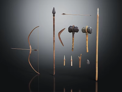 Traditional Ancient Weapons Collection Featuring Bow Spear Hammer Axes Arrowheads And Tools 3d model