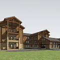 Modern Rustic Vacation Building With Wooden Stone Exterior Sloped Roof And Front Lawn Driveway