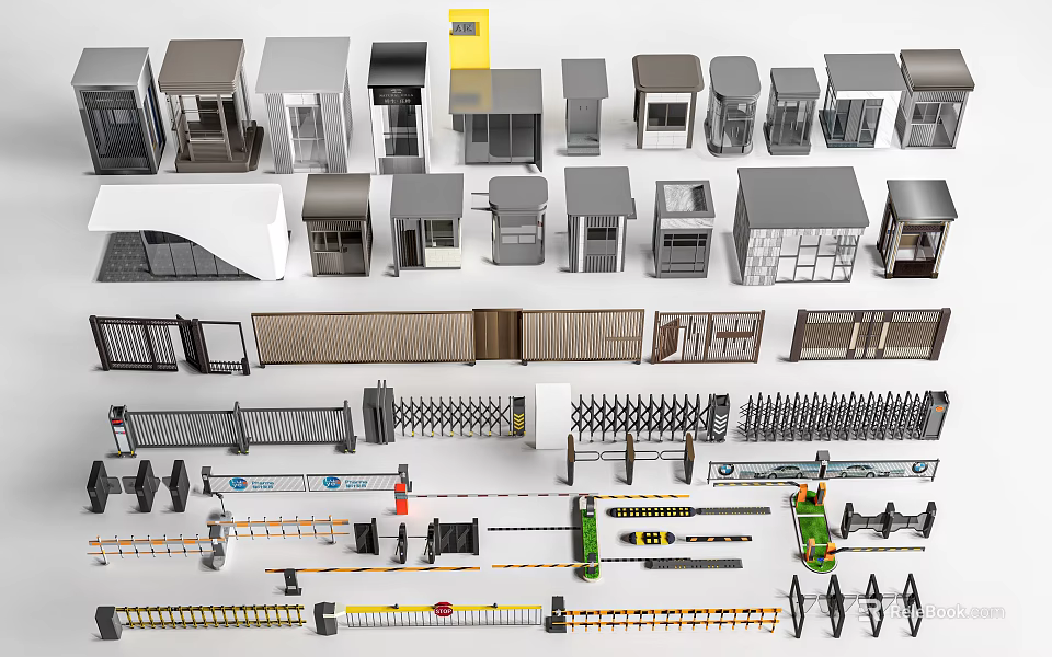 Different Types Of Security Booths Gates And Barrier Access Control Systems 3d model 