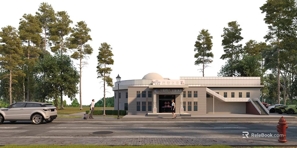 Gray Dome Building with Trees People Entering Entrance and Nearby Car on Street 3d model 