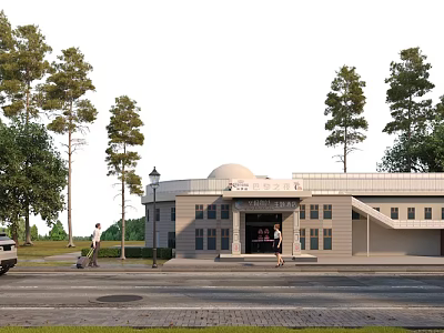 Gray Dome Building with Trees People Entering Entrance and Nearby Car on Street 3d model