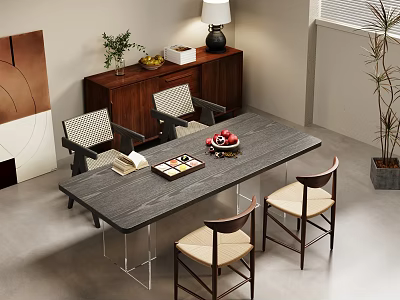 Dining Table Set With Gray Tabletop Four Chairs Woven Backrests Light Seats And Wooden Cabinet 3d model