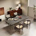 Dining Table Set With Gray Tabletop Four Chairs Woven Backrests Light Seats And Wooden Cabinet