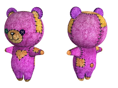 Purple Stuffed Teddy Bear Doll with Yellow Patches and Stitched Design 3d model