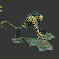 Humanoid Leopard With Yellow Spotted Fur Black Pants Blue Arm Tattoo Crouching On Stone Platform