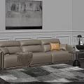 Modern Living Room Interior Design With Beige Leather Sofa Yellow Cushion And Abstract Painting