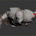 Game and Movie Character in Silver Armor Holding Spear with Red Pants and Helmet