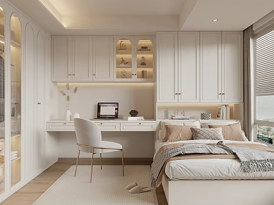 Modern Tatami Bedroom Interior With Tatami Bed White Cabinets Desk Chair Shelves And Natural Light 3d model