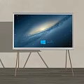 Modern TV Displaying Starry Galaxy With Windows Logo On Light Colored Wall Metal Stand