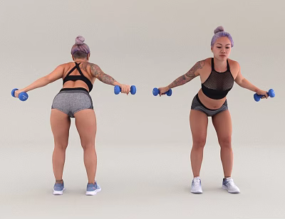 Fit Woman Lifting Blue Dumbbells In Fitness Workout Front Back View 3d model