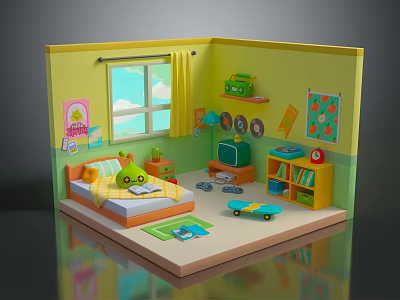 Kids Bedroom Interior With Yellow Walls Window Curtains Bed Scooter Toys And Bookshelf 3d model
