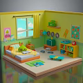 Kids Bedroom Interior With Yellow Walls Window Curtains Bed Scooter Toys And Bookshelf