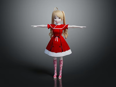 Blonde Hair Doll in Red Dress With White Hem Red White Striped Socks Arms Outstretched 3d model