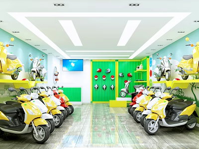 Modern Scooter Store Interior With Various Colored Yellow Red Black White Scooters And Green Walls 3d model