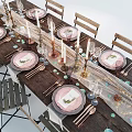 Rustic Wooden Dining Table And Chairs Set With Candles Wine Glasses And Table Runner