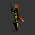 3D Anthropomorphic Red Fox Character In Black Yellow Suit Holding Weapon