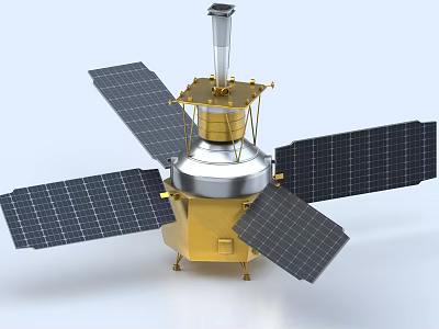 Satellite Model With Solar Panels Golden Silver Body And Antenna Structure 3d model