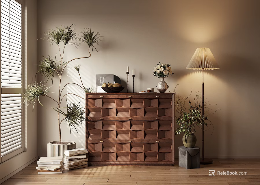 Entryway Sideboard Cabinet With Geometric Design Decorative Items Green Plant Lamp On Wooden Floor 3d model 
