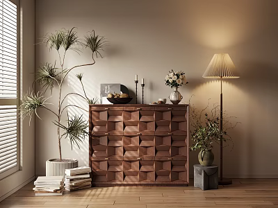 Entryway Sideboard Cabinet With Geometric Design Decorative Items Green Plant Lamp On Wooden Floor 3d model