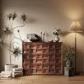 Entryway Sideboard Cabinet With Geometric Design Decorative Items Green Plant Lamp On Wooden Floor