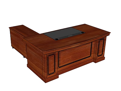 Wooden L Shaped Office Desk With Integrated Black Panel And Storage Cabinets 3d model