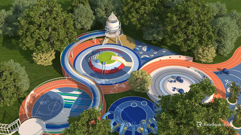 Colorful Outdoor Kids Playground With Slides Circular Areas Tower Structure And Green Trees 3d model 