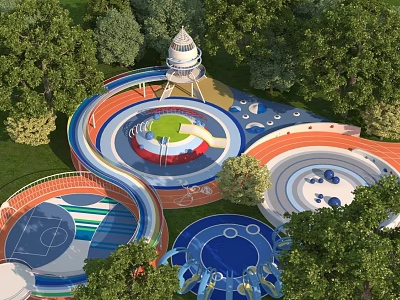 Colorful Outdoor Kids Playground With Slides Circular Areas Tower Structure And Green Trees 3d model