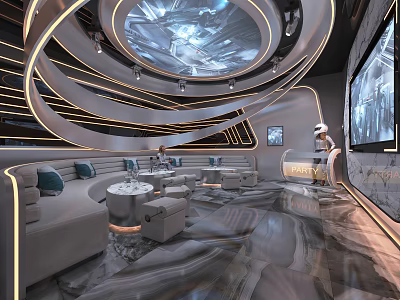 Modern KTV Interior Design With Curved Sofas Round Tables And Large Projection Screen 3d model