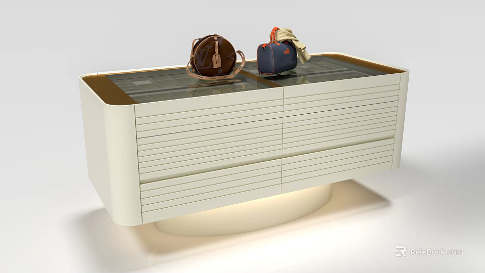 White Island Cabinet With Gray Countertop And Bags With Fabric On Top 3d model 