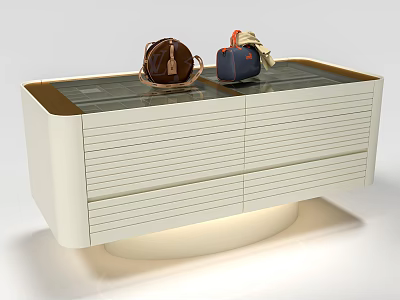 White Island Cabinet With Gray Countertop And Bags With Fabric On Top 3d model
