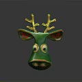 Green Deer Head Decorative Ornament With Gold Antlers Red Ears And Big Eyes