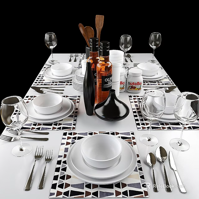 Complete Dinnerware Set With White Bowls Plates Wine Glasses Cutlery And Olive Oil Bottles 3d model 