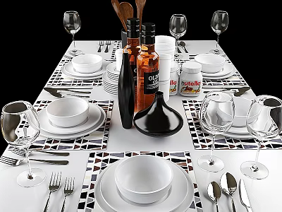Complete Dinnerware Set With White Bowls Plates Wine Glasses Cutlery And Olive Oil Bottles 3d model