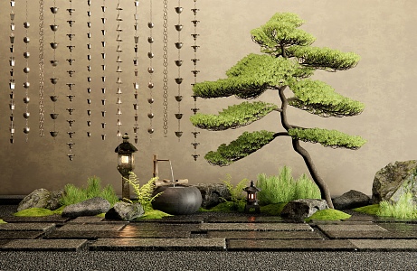 Japanese-style bluestone landscape Tingbu stone plant landscape courtyard rainwater chain dripping rain chain landscape micro-terrain courtyard sketch 3d model