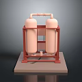 Industrial Equipment With Two Vertical Cylindrical Tanks Supported By Red Metal Frame On Platform Base