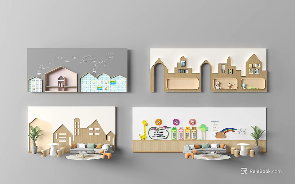 3D Wooden Background Wall Design For Kids Room With Cartoon Houses Trees Giraffe And Rainbow 3d model 