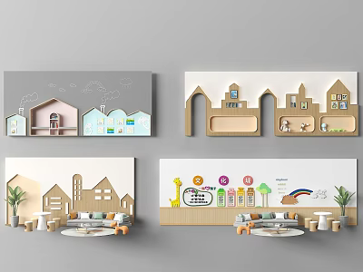 3D Wooden Background Wall Design For Kids Room With Cartoon Houses Trees Giraffe And Rainbow 3d model