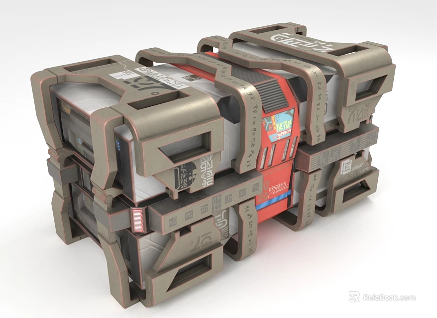 Futuristic Sci Fi Mechanical Structure With Gray Red Metallic Panels And Modular Parts 3d model 