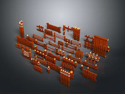 Wooden Fence And Gate Components Set With Posts Rails And Panels 3d model