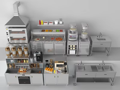 Commercial Kitchen Equipment Setup With Stainless Steel Oven Cabinets Sinks And Worktables 3d model