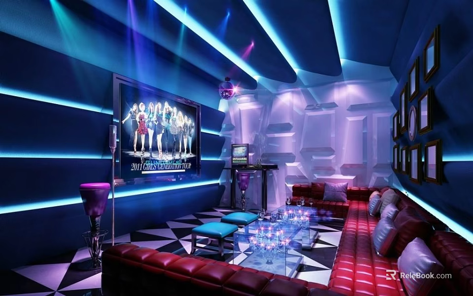 Modern KTV Room With Blue Lighting Large Screen Red Sofas And Glass Coffee Tables 3d model