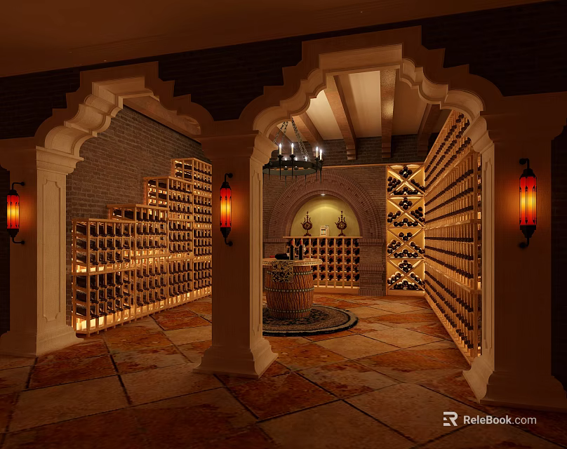 Elegant Wine Cellar With Arched Design Brick Walls Wooden Wine Racks Chandelier And Tile Flooring 3d model 