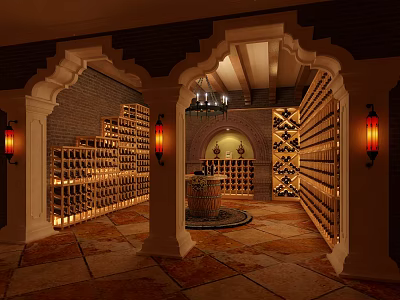 Elegant Wine Cellar With Arched Design Brick Walls Wooden Wine Racks Chandelier And Tile Flooring 3d model