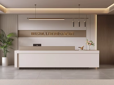 Modern Reception Desk With Bristol Limited Company Sign Computer Flower Vase And Green Plant 3d model