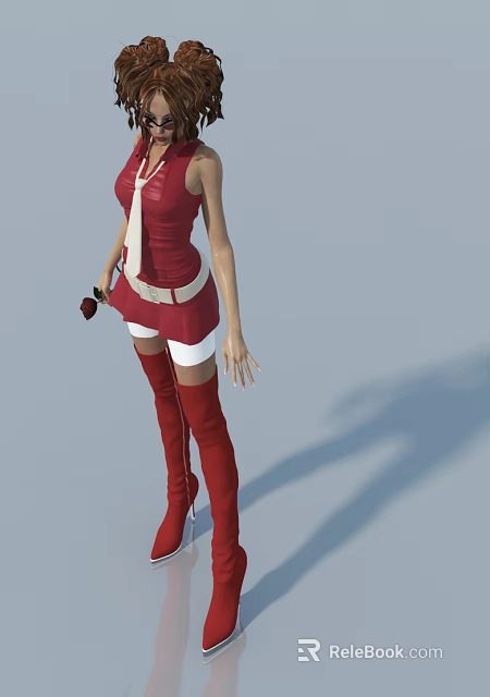 Woman In Red Dress With White Skirt And Red Knee High Boots Holding Black Accessory 3d model 