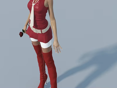 Woman In Red Dress With White Skirt And Red Knee High Boots Holding Black Accessory 3d model